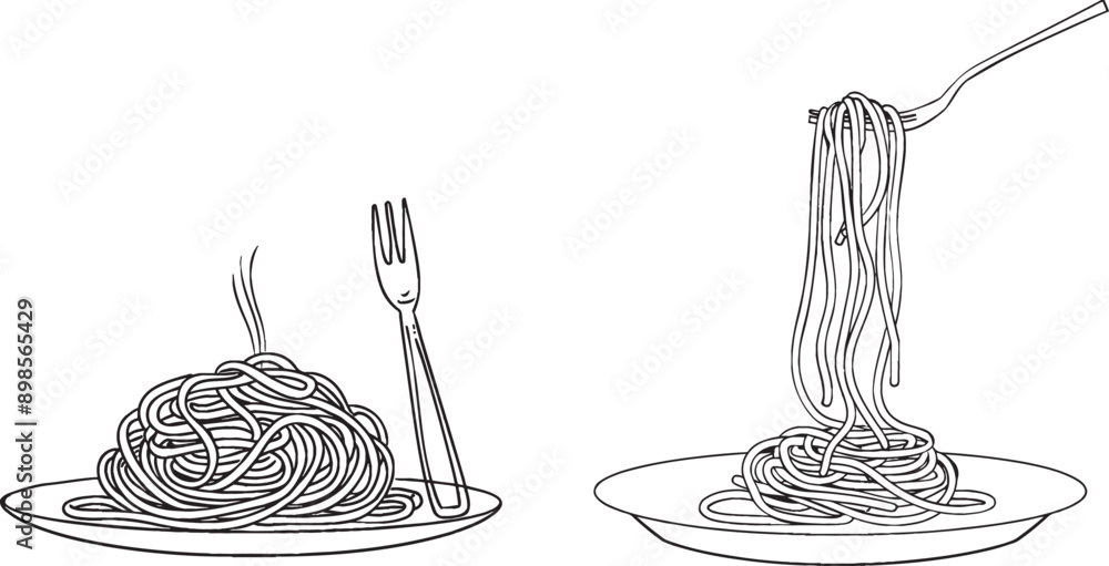 Poster Single line illustration of pasta spaghetti noodles with forks isolated on white background.