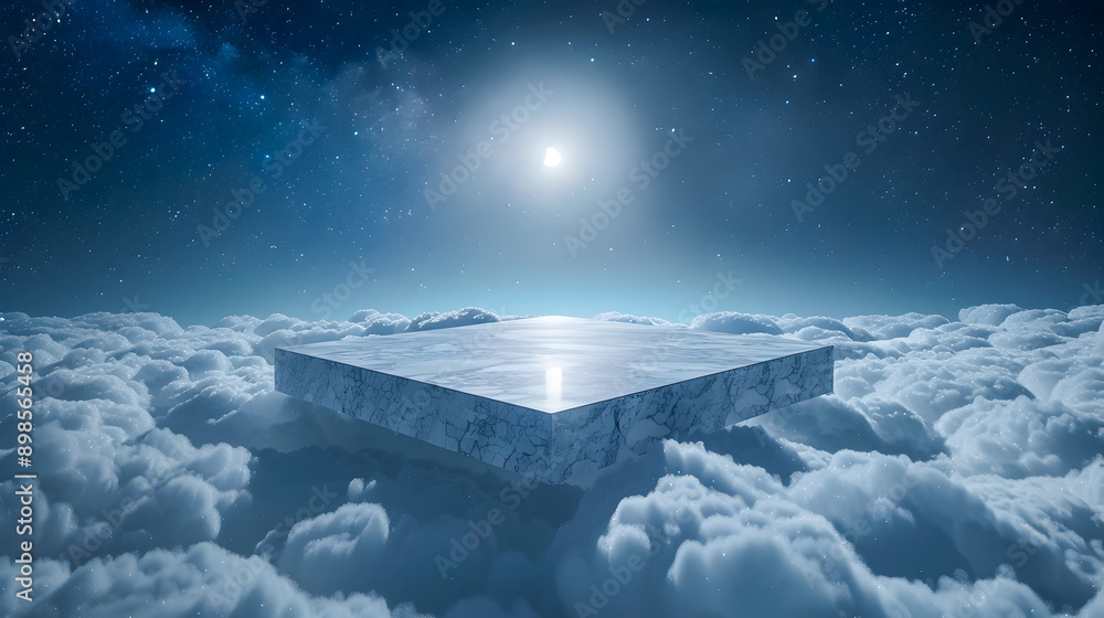 Poster ethereal marble platform gently floating amidst a starry night sky illuminated by the soft glow of a
