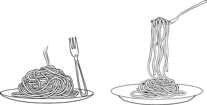 Single line illustration of pasta spaghetti noodles with forks isolated on white background.