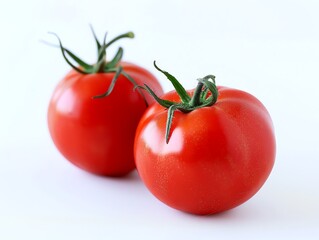 Two fresh, ripe tomatoes with vibrant red color on a white background. Perfect for culinary, food, and garden-related projects.