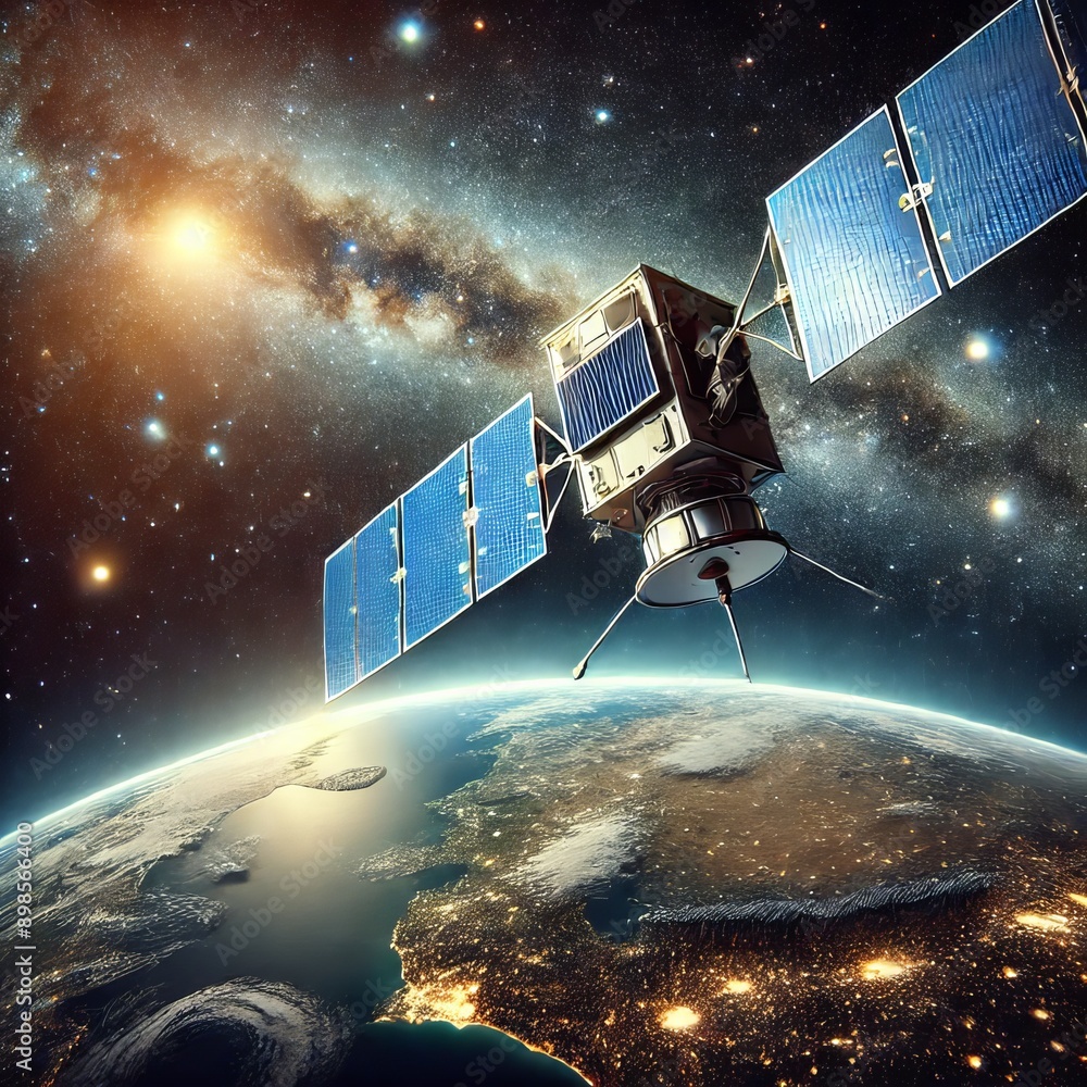 Poster detailed 3d animation of a satellite orbiting earth with a view of the galaxy in the background