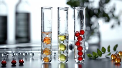 Test tube with colorful molecular symbols, advanced chemistry research