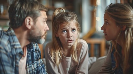 Fototapeta premium An angry mother and father engage in a heated discussion while their daughter watches from a distance, tears in her eyes. This image captures the emotional strain and heartache of family conflicts.