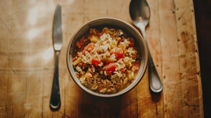 a bowl of food with a spoon and a knife on the table