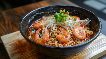 a bowl of noodles with shrimp and vegetables