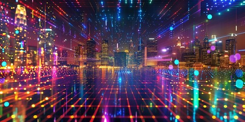 Obraz premium Abstract background with a grid and glowing lines and dots, night cityscape, bright lights.