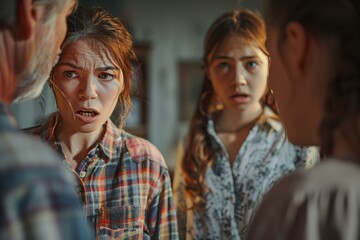 Naklejka premium An angry mother and father engage in a heated discussion while their daughter watches from a distance, tears in her eyes. This image captures the emotional strain and heartache of family conflicts.