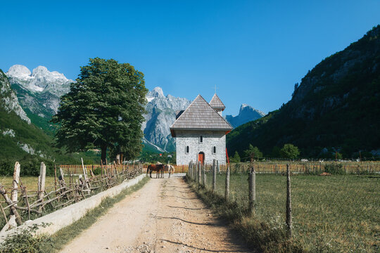 A Catholic Church in the village of Theth in Prokletije in the Acursed Mountains of Albania. The community is at the centre of the Theth National Park, an area of outstanding natural