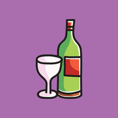 Wine and Glass Vector Cartoon Illustration. Drink Icon Concept Isolated Premium Vector. Flat Cartoon Concept. Doodle Cartoon Illustration Style. Suitable for Any Project