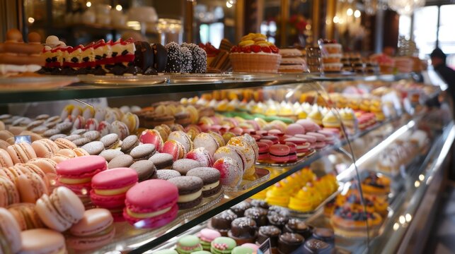 A bakery display case overflowing with colorful pastries, macarons, and cakes.
