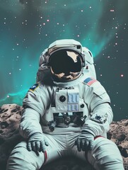 Astronaut sitting on a rock in space, surrounded by stars and a nebula.