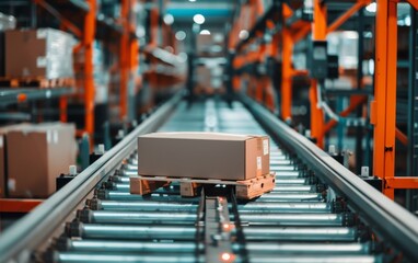 A cardboard box on a conveyor belt moves through a warehouse