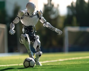Futuristic soccer robot in action, Artistic Soccer, Technological advancement in sports 