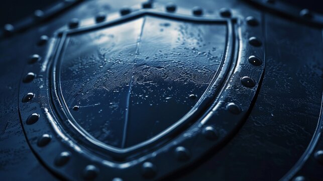 A close-up of a metallic shield with raindrops, symbolizing protection and resilience.