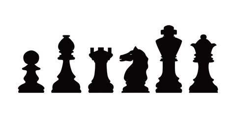Chess piece icons set silhouettes illustration. King, queen, bishop, pawn, horse, knight, rook.