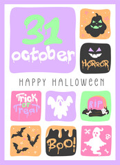 Halloween poster with pumpkins, ghosts, bats and spiders in pastel colors. Hand drawn doodle collage, great for Halloween banners, posters, card and invitation. Vector illustration