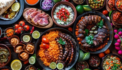Fototapeta premium A colorful and diverse spread of food on a wooden table, featuring grilled meats, vegetables, and rice dishes.