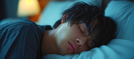 A serene young man sleeps peacefully on a cozy bed, illuminated by warm bedside light, capturing a tranquil night scene in a contemporary home setting.