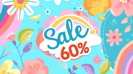 A colorful sale banner with flowers and a rainbow, featuring the text "Sale 60%". Perfect for spring and summer promotions.