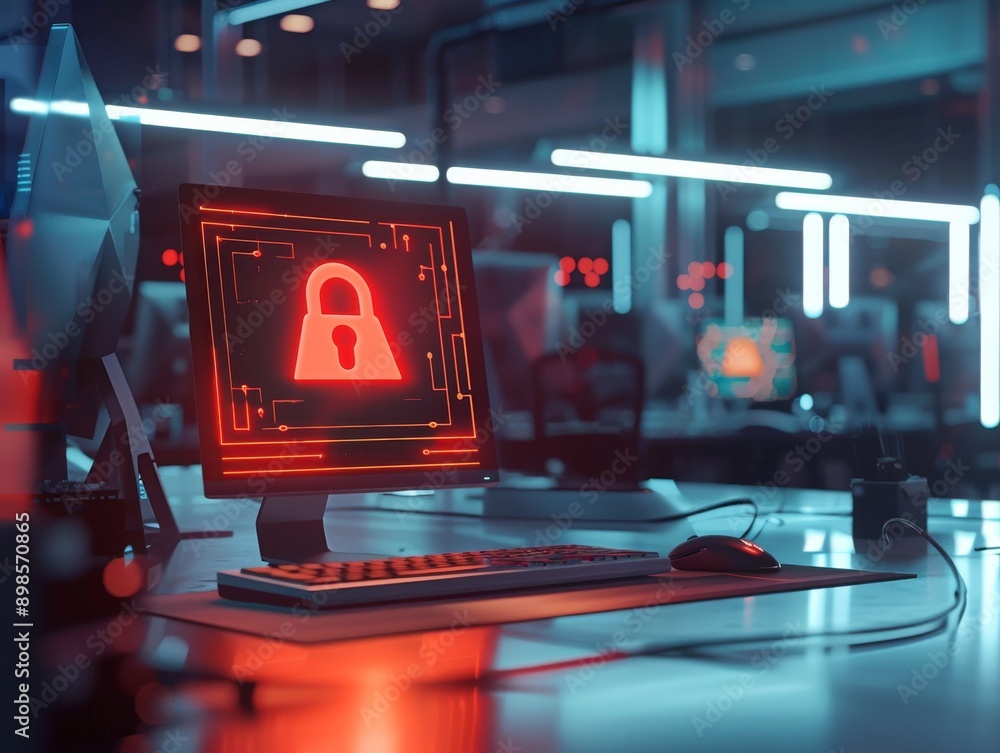 Poster A computer screen displaying a red padlock symbol, representing data security and privacy.
