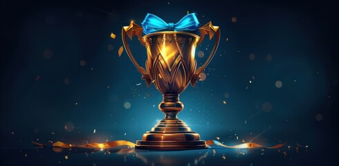 Golden trophy with a blue ribbon on a dark background, space for text or message. Laboratory gold cup award concept of success and achievement in business