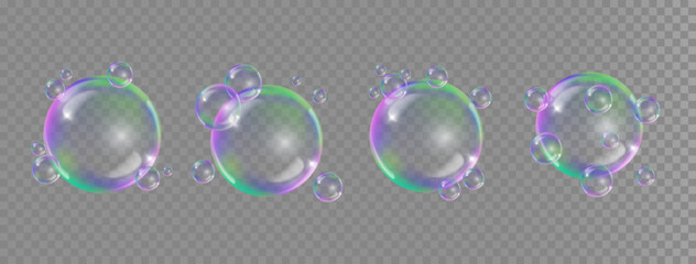 Bubbles with rainbow reflections isolated. Transparent realistic colorful soap bubbles collection on transparent background.
