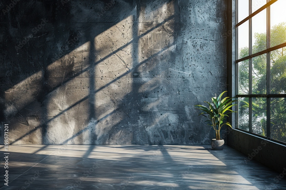 Aufkleber sunlight streams through a large window casting shadows on a concrete wall and floor