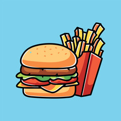 Burgers and French Fries Vector Cartoon Illustration. Food Icon Concept Isolated Premium Vector. Flat Cartoon Concept. Doodle Cartoon Illustration Style. Suitable for Any Project