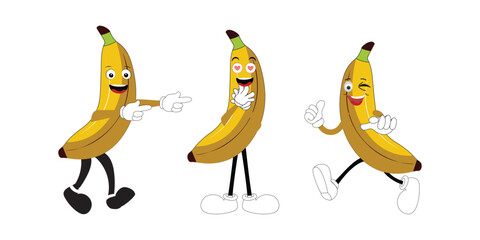 Banana Set funny cartoon trendy style fruit character. Ripe banana and banana peel in flat style. Doodle comic illustration dancing banana.