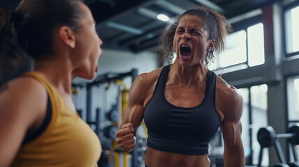 Naklejka premium Woman celebrating fitness achievement with her personal trainer motivating her in the gym.