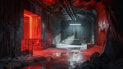 A dimly lit, abandoned hallway with red neon lights casting long shadows and a flooded floor. The room is in disrepair, giving it a sense of mystery and danger.