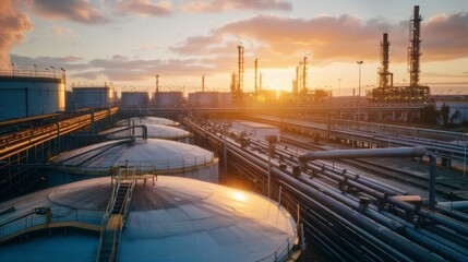 Oil storage tanks in a vast industrial complex