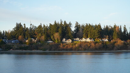 A tranquil waterfront neighborhood is nestled along the riverside, showcasing charming houses...