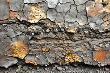 A layered volcanic rock formation with cracked and weathered surface