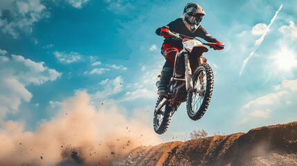 Naklejka premium A motocross rider performing a high-flying jump over a dirt ramp, with dust trailing behind.