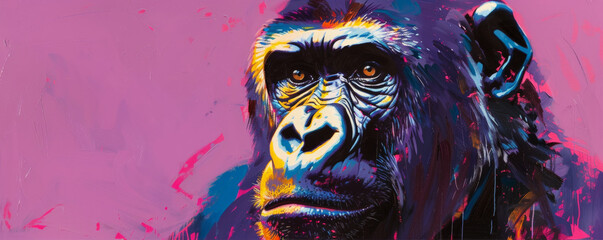 A striking painting of a gorilla against a vibrant plum background, emphasizing the gorilla's powerful build and expressive eyes.