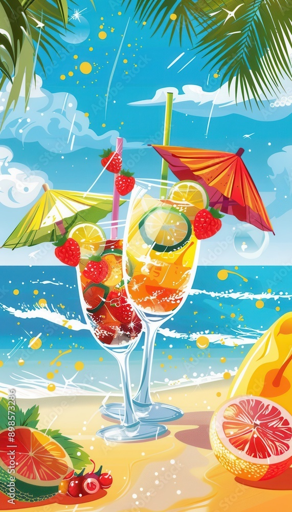 Poster two colorful cocktails with fruit garnishes and umbrellas rest on a sandy beach with the ocean in th