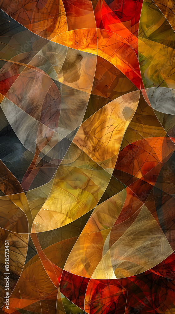 Poster colorful abstract design features overlapping, translucent shapes in warm hues of orange, brown, and
