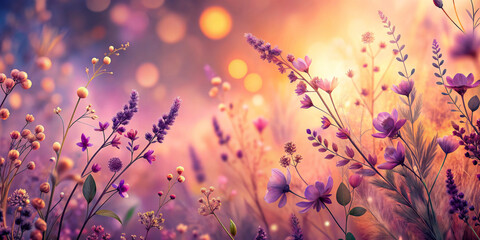 Vibrant field of wildflowers in hues of purple and pink is illuminated by a warm, glowing light.The background features soft, blurred circles of light,giving the scene a dreamy, magical atmosphere.AI 