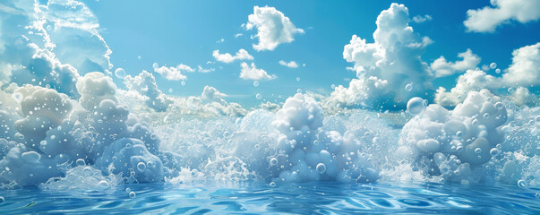 A joyful greeting for the end of the week on a calming blue surface, surrounded by relaxing imagery such as waves and clouds.