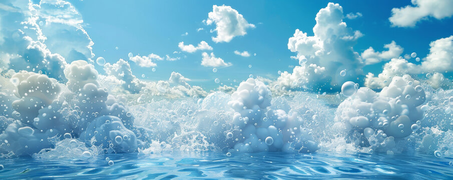 A joyful greeting for the end of the week on a calming blue surface, surrounded by relaxing imagery such as waves and clouds.