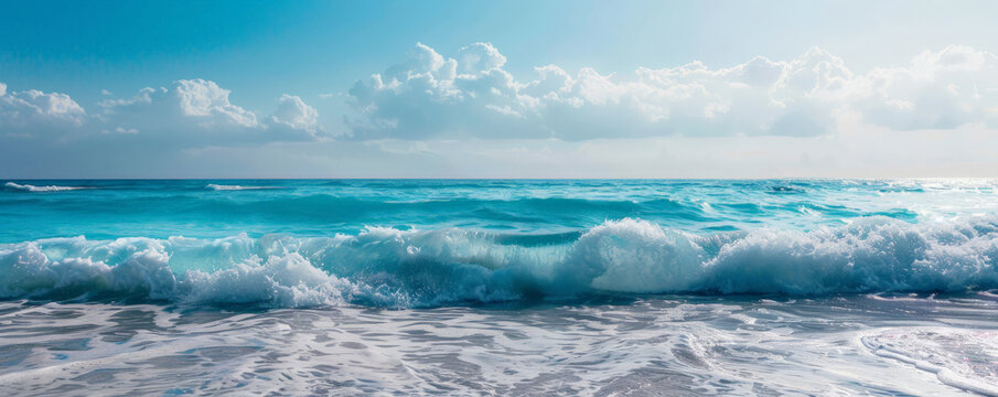 A calming ocean backdrop with gentle waves and a clear blue horizon, evoking a sense of relaxation and serenity.