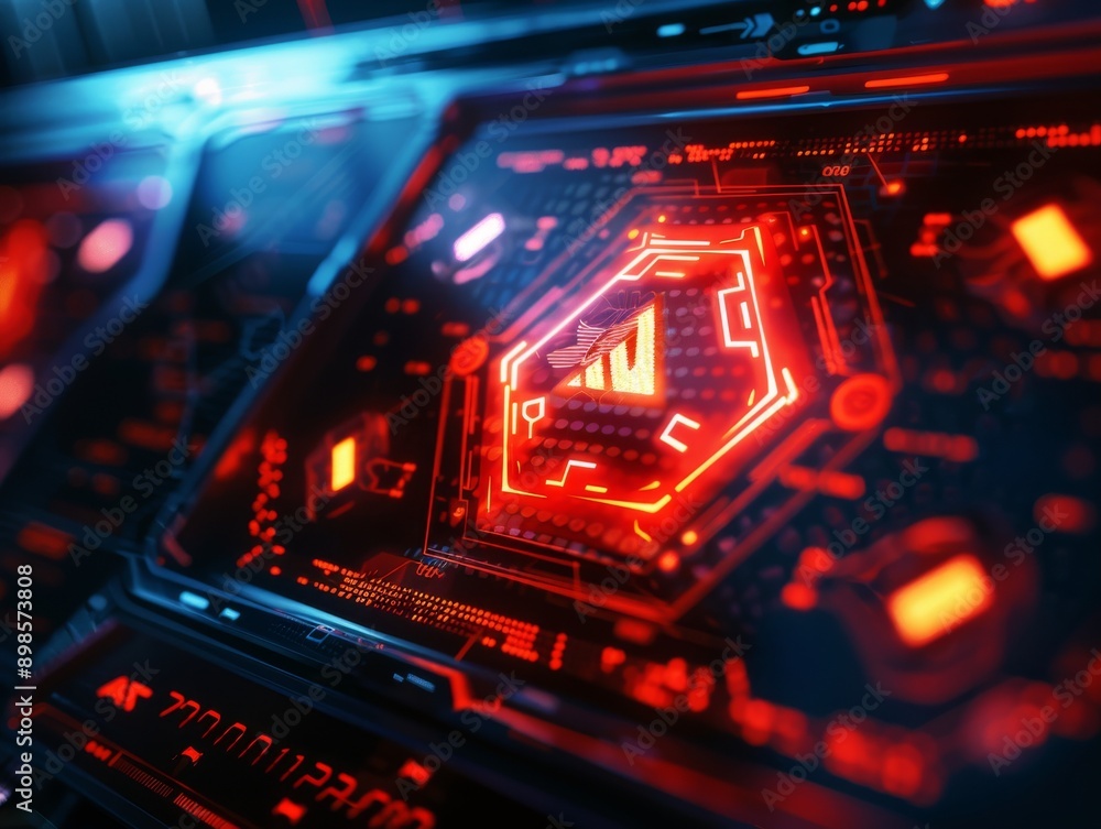 Poster a futuristic digital interface with glowing red lights, showcasing a warning signal.