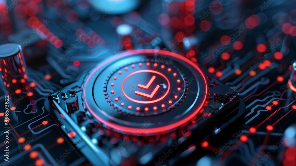 Aufkleber a futuristic glowing coin with a red arrow symbol on a circuit board background.