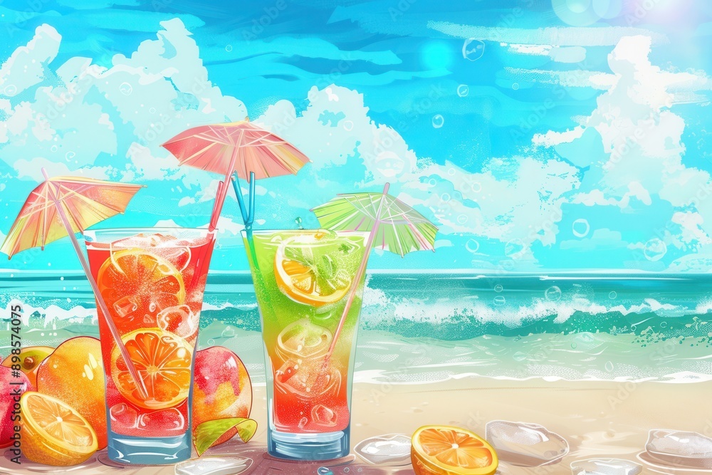 Poster two refreshing cocktails adorned with fruit and umbrellas rest on a sandy beach, a blue ocean and a 