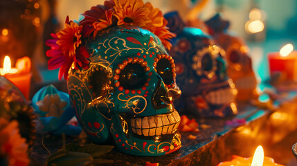 Naklejka premium Colorful sugar skulls adorned with flowers sit on a decorative altar, illuminated by soft candlelight, creating a festive atmosphere for Día de los Muertos celebrations