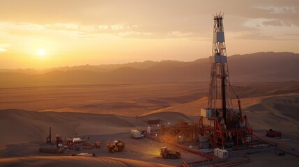 A detailed oil and land drilling rig set against a desert landscape, towering machinery with intricate details, workers in safety gear operating the equipment, the sun setting in the background.