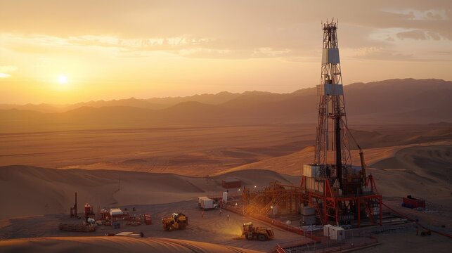 A detailed oil and land drilling rig set against a desert landscape, towering machinery with intricate details, workers in safety gear operating the equipment, the sun setting in the background.