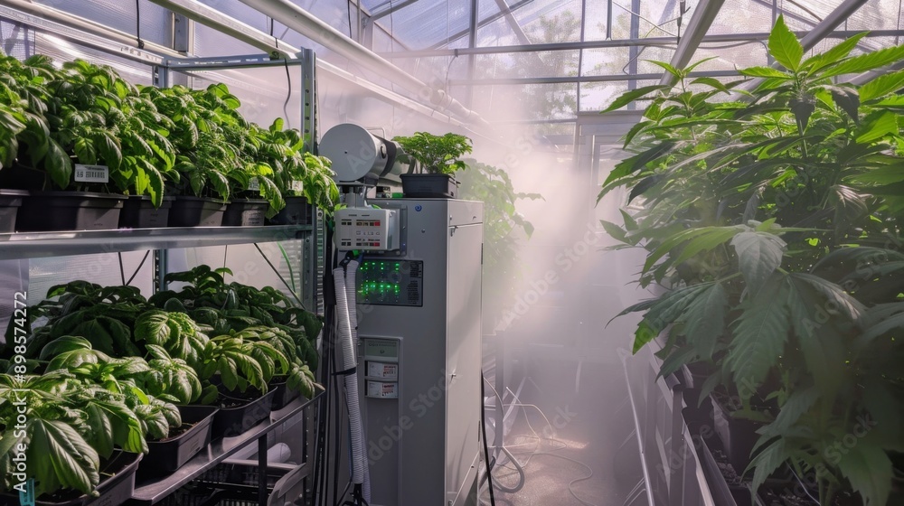 Aufkleber A greenhouse with rows of plants are misted with fog from a system that sits in the center.
