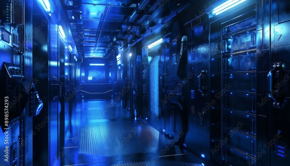 Poster a futuristic server room with blue lighting, showing rows of servers and network equipment. the imag